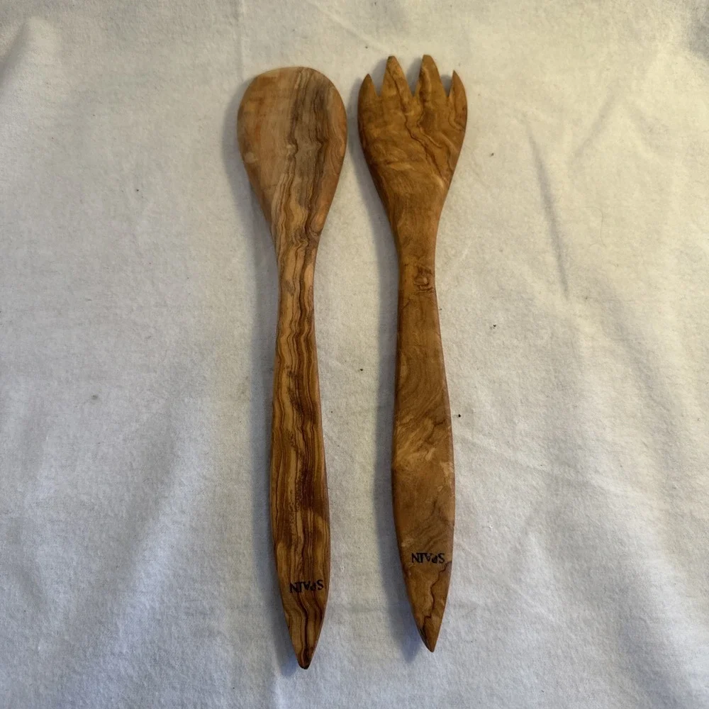 Vtg Olive Wood Salad Server Set - 12 Inch Wooden Tongs - Rustic Made In Spain